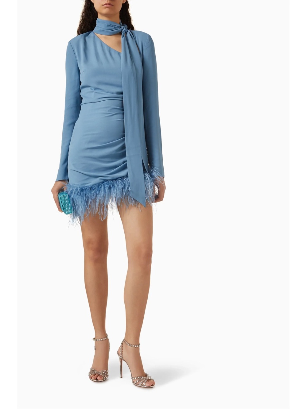 Feather-Hem Long-Sleeve Light Blue Mini Dress